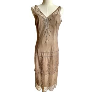 Vintage Papell Nude Beige Beaded Gatsby Flapper Sleeveless Slip Dress Costume 6